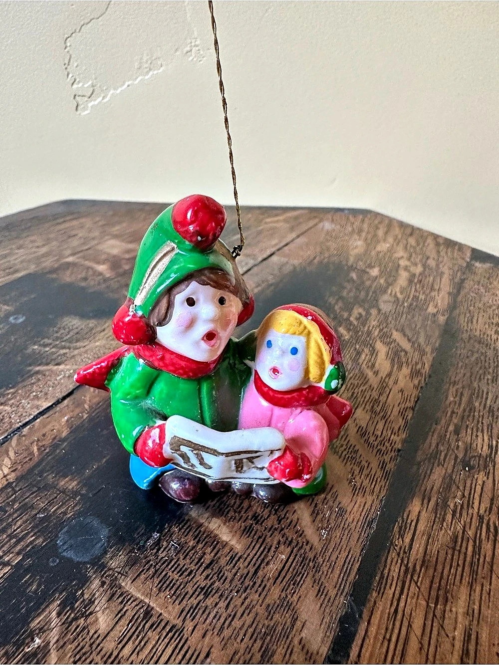 Vintage Ceramic Christmas Carolers Ornament, Two Children Singing from Songbook,